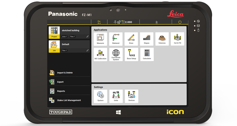Leica iCON CC70 feltkontroller med startskjerm for iCON site programvare.